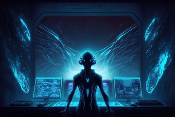 Aufkleber - Alien astronaut works with futuristic control panel in starship, generative AI