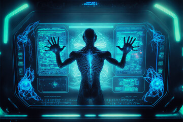 Wall Mural - Humanoid alien works with futuristic control panel, virtual interface, generative AI