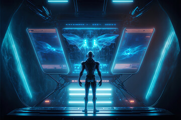 Poster - Humanoid alien works with futuristic control panel, virtual interface, generative AI