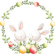 Watercolor Illustration Easter wreath with rabbit and easter eggs