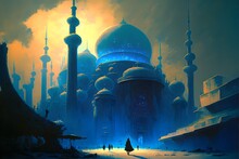 Oil Painting Of Samarkand Blue Mosque In An Oriental Futuristic City Star Wars Environment A Mix Of Traditionnal And Futuristic Style Light And Shadow Warm Sunset Lighting Constrasts Ancient And 