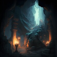 Book Illustration Of Mines Of Moria Giant Cave Filled With Pathways Stairs And Tunnel Entrances Lit With Dim White Light And Godrays 