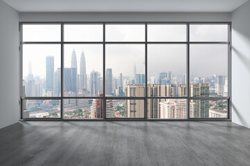 Downtown Kuala Lumpur City Skyline Buildings from High Rise Window. Beautiful Expensive Real Estate overlooking. Empty room Interior Skyscrapers View Malaysia. Day time. 3d rendering.