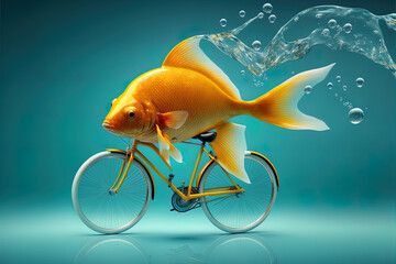 Wall Mural - Underwater Cycle: The Fins on Wheels - Gold Fish Riding Bike Illustration Underwater