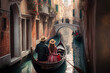 Couple in a gondola ride on a serene canal in Venice, Italy, generative ai