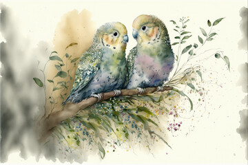 Wall Mural - A pair of parakeets sitting on a branch watercolor, Generative AI