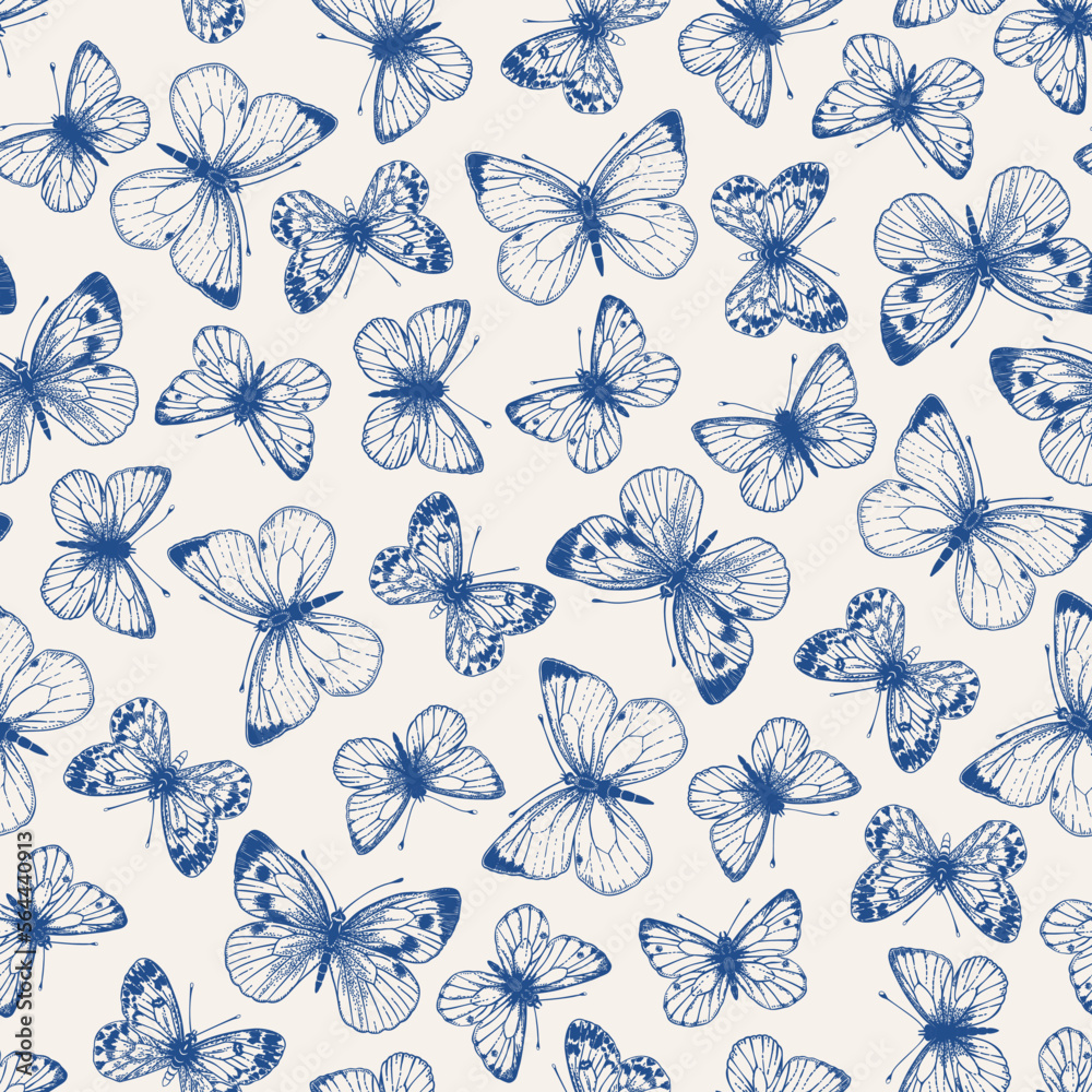 Seamless pattern with butterflies. Blue. Stock Vector | Adobe Stock