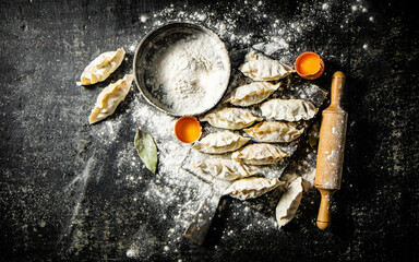 Wall Mural - Raw dumplings gyoza on a cutting board with flour and rolling pin. 