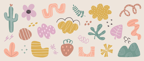 Set of doodle element vector illustration. Hand drawn pastel color icon collection of abstract organic shape, cactus, leaf, line, cloud, flower. Design for comic, logo, tattoo, sticker, decoration.