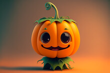 Cute Cartoon Pumpkin Character, Postproducted Generative Ai Digital Illustration