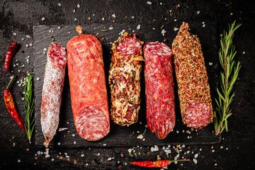 Canvas Print - An assortment of delicious salami sausage on a stone board with rosemary. 