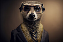 Meerkat Business Portrait Dressed As A Manager Or Ceo In A Formal Office Business Suit With Glasses And Tie. Ai Generated