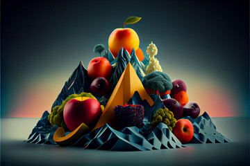 Abstract fruit mountain with blue background, generative AI.