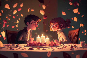  Valentine´s Day Dinner. Cartoon style couple enjoying a romantic dinner at a candlelit table set with red and pink rose petals