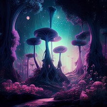 A Surreal And Fantastic Landscape With Tall Purple Trees Generative AI