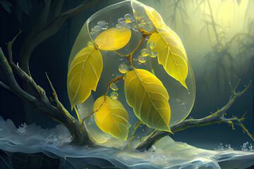 Wall Mural - Ice wraps the green branches,forming a transparent ice armor on the outside.