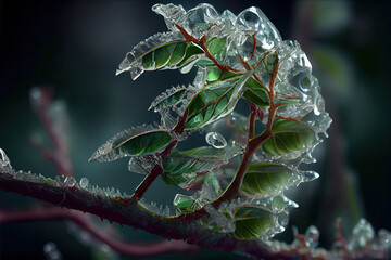 Wall Mural - Green scabbard plant leaves wrapped in ice