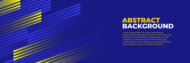 Abstract blue banner design vector, dynamic sporty horizontal background template with blue and yellow shapes for media promotion or web banner