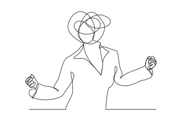 Continuous singe one line drawing art of stress confusing people because any problem. Vector illustration of business woman mess feeling with round scribbles instead of a head.