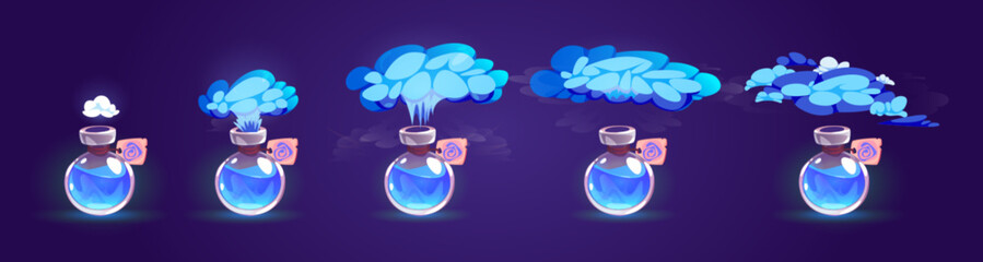 Aufkleber - Bottle with blue magic potion and smoke for game animation. Sprite sheet of vapour cloud from glass jar with elixir or poison, vector cartoon illustration isolated on background
