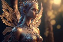 Beautiful Fairy With Translucent Wings In A Magical Forest. Non-existent Person. Post-processed Generative AI	
