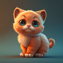 Orange Kitty. Illustration Of The Character Of A Cute Fluffy Kitten With Big Eyes. Kawaii Character Tiny Code Front View, Childhood Concept, Kitten For Kindergartens. Ai Generated Illustration.