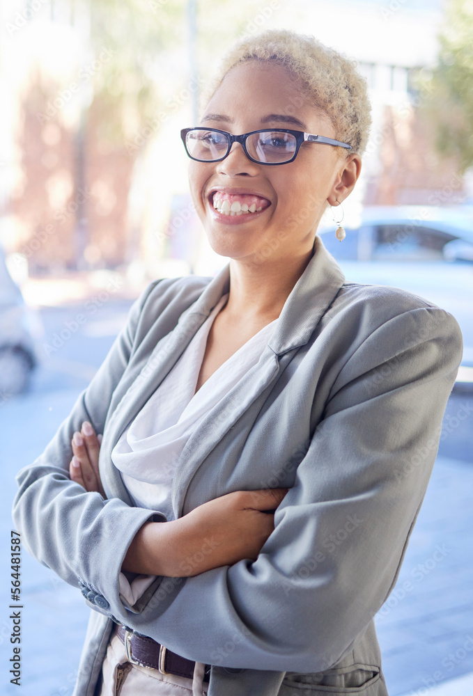 Business, black woman and arms crossed in city, smile or confident girl ...