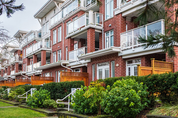 New residential townhouses. Modern apartment buildings in BC Canada. Modern complex of apartment building