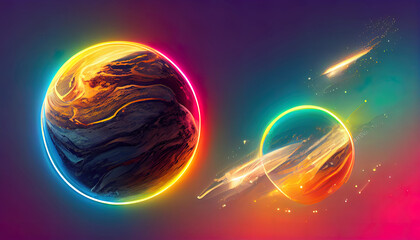 Poster - Colorful bright 3d planet with glowing neon rings, Abstract solar system with planets and stars in orbit