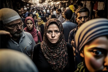 Sticker - Muslim woman at a middle eastern city street market looking at the camera. generative AI