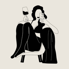 Abstract portrait of woman with glasses of wine. Female drinks wine. Minimalist vine lovers. Trendy vector illustration in monochrome style