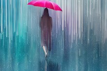 Woman With Pink Umbrella Under The Rain, Generative Ai Illustration