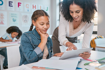 Canvas Print - Tablet, education and teacher with child learning, thinking and idea in support, help and classroom. Happy woman or person teaching girl kid on technology in English, language or creative development