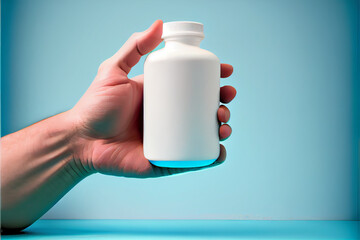 Fototapete - Hand hold white bottle for pills on a blue background