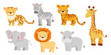 Fototapeta Fototapety na ścianę do pokoju dziecięcego - Cute elephant, tiger, lion, zebra and hippo in cartoon style. Drawing african baby wild animals isolated on white background. Jungle safari animals set