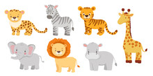 Cute Elephant, Tiger, Lion, Zebra And Hippo In Cartoon Style. Drawing African Baby Wild Animals Isolated On White Background. Jungle Safari Animals Set