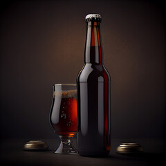 Poster - Glass of beerand brown Bottle on a dark background behaid.  