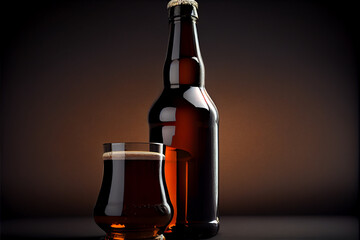 Poster - Glass of beerand brown Bottle on a dark background behaid.  