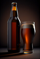 Poster - Glass of beerand brown Bottle on a dark background behaid.  