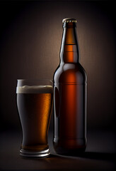 Poster - Glass of beerand brown Bottle on a dark background behaid.  