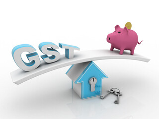 Sticker - 3d rendering Pig Coin bank with gst balancing with home concept