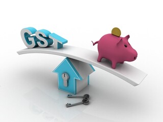 Poster - 3d rendering Pig Coin bank with gst balancing with home concept