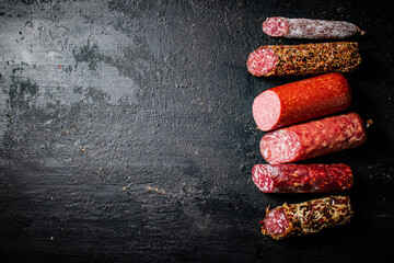 Canvas Print - Pieces of various salami sausage on the table. 