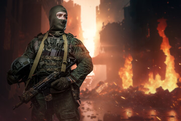 Wall Mural - Art of soldier with camouflage uniform in city with burning buildings.