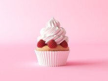 Vanilla Cupcake With White Whipped Cream And Vanilla Biscuit Cake In A Paper Cup. Cute Cup-cake Decorated With Fresh Raspberries, Isolated On A Pink Pastel Background. 3d Render Illustration.