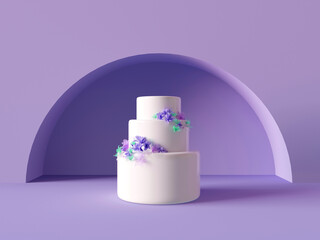 Wall Mural - 3D rendering three-tier wedding cake decorated with fresh pastel flowers. Сlose-up of the white isosceles pyramid, pedestal. A scene from circles on a purple background. 3d render illustration.