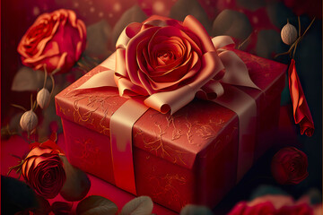 Wall Mural - Red presents and flowers made by generative ai