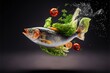 Frischer Fisch, Salat, Gemüse, Tomaten fliegen durch das Bild, Wasserspritzer, Frische Küche, Generative AI, Frische Zutaten