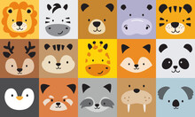 Cute Wild Jungle Animal Faces In Square Blocks Vector Illustration. Set Includes A Lion, Zebra, Bear, Hippo, Tiger, Dear, Squirrel, Giraffe, Fox, Panda, Penguin, Red Panda, Raccoon, Walrus, And Koala.