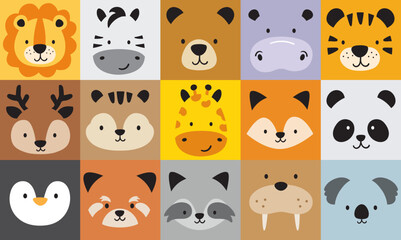 Fototapete - Cute wild jungle animal faces in square blocks vector illustration. Set includes a lion, zebra, bear, hippo, tiger, dear, squirrel, giraffe, fox, panda, penguin, red panda, raccoon, walrus, and koala.